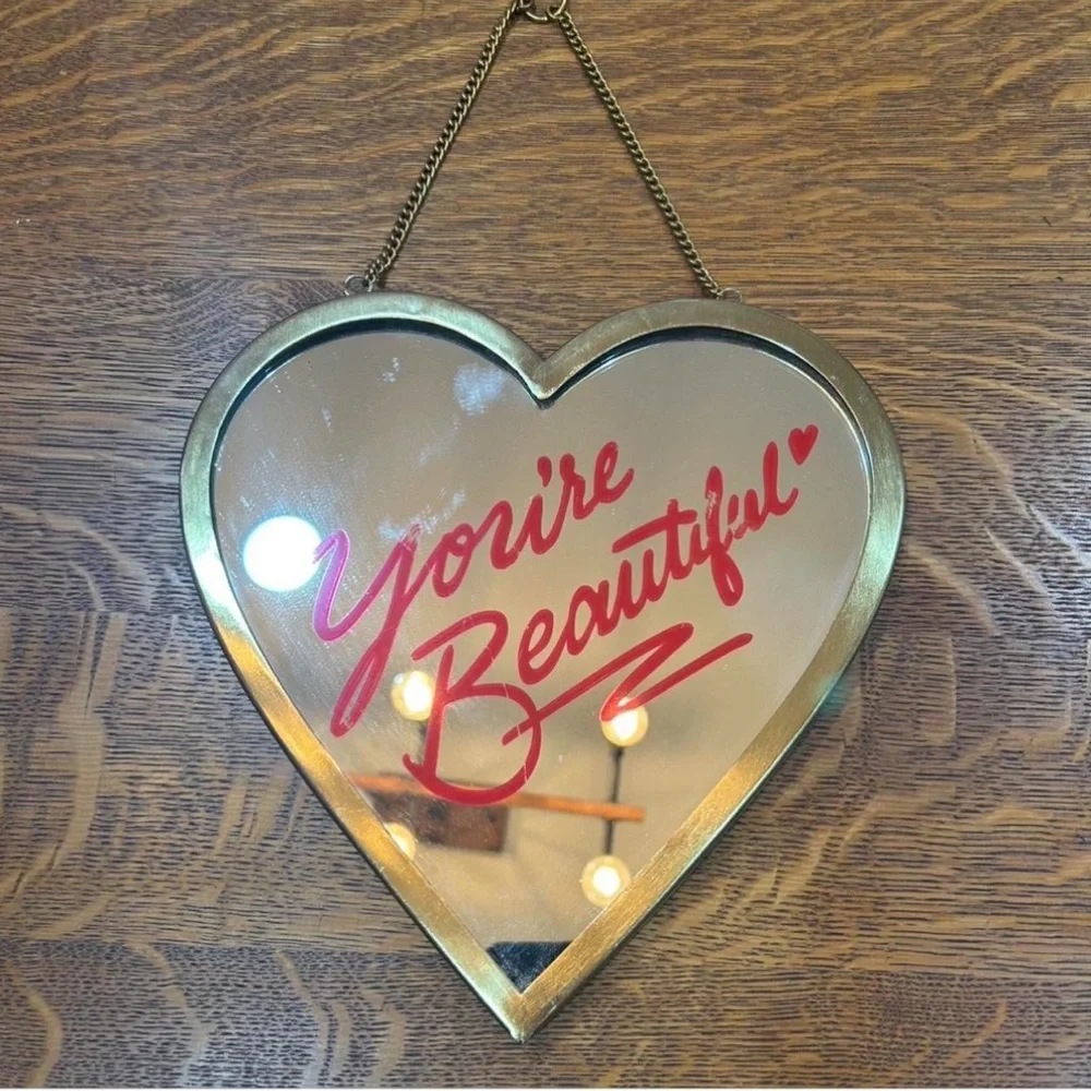 Heart-Shaped Mirror with Red Script